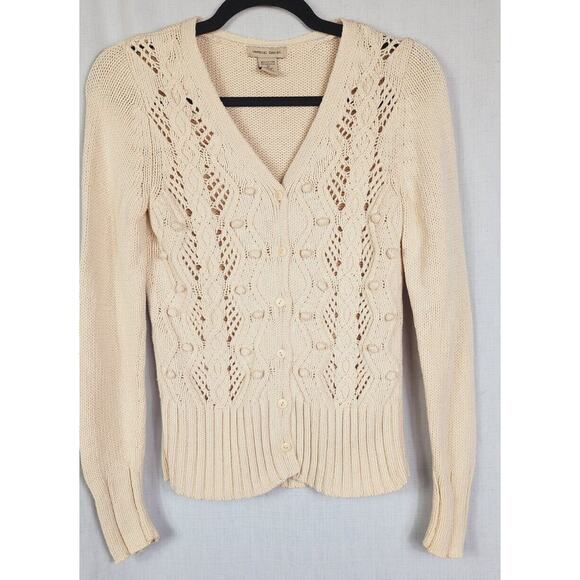 VERTICAL DESIGN off white open weave chunky knit cardigan button up sweater med - Picture 2 of 5